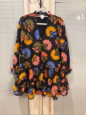 Floral Tiered Mini Dress - Black with Multicolor Blooms